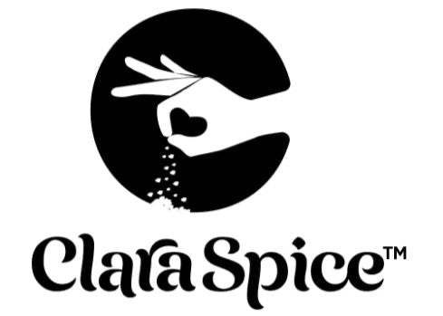 Logo of Clara Spice with a stylized illustration of a woman's hand  holding her index finger and thumb in a heart shape while sprinkling seasonings on a white background.